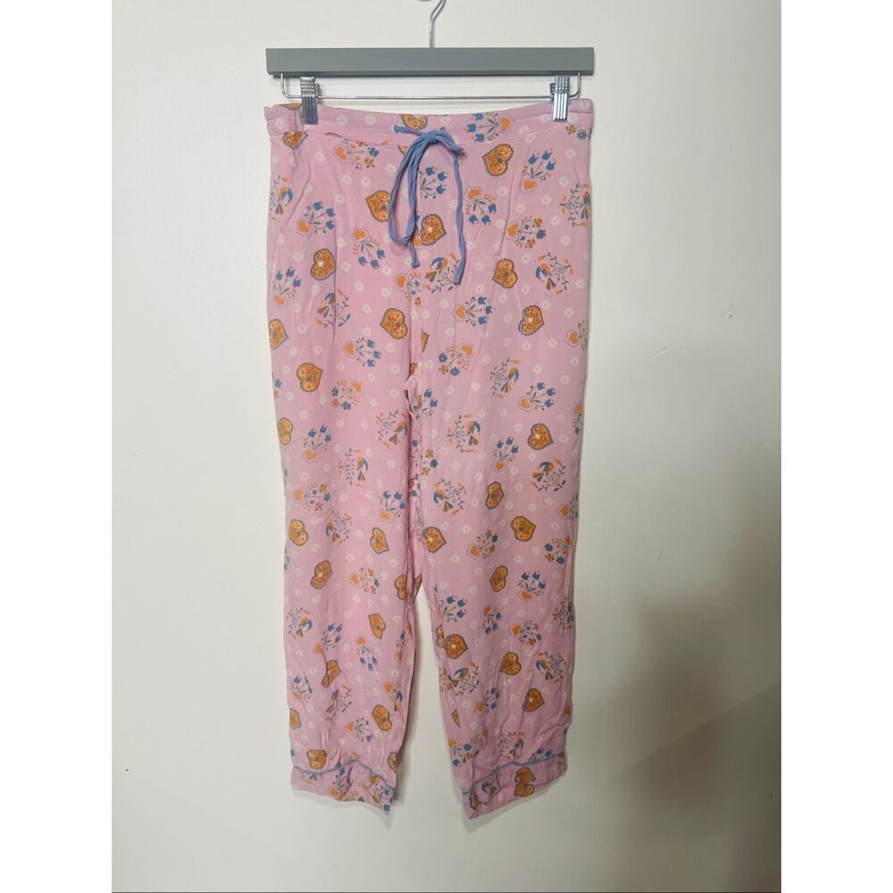 April Cornell Pink Heart Floral Rayon Pajama Pants Pockets Sz Small Elastic Draw